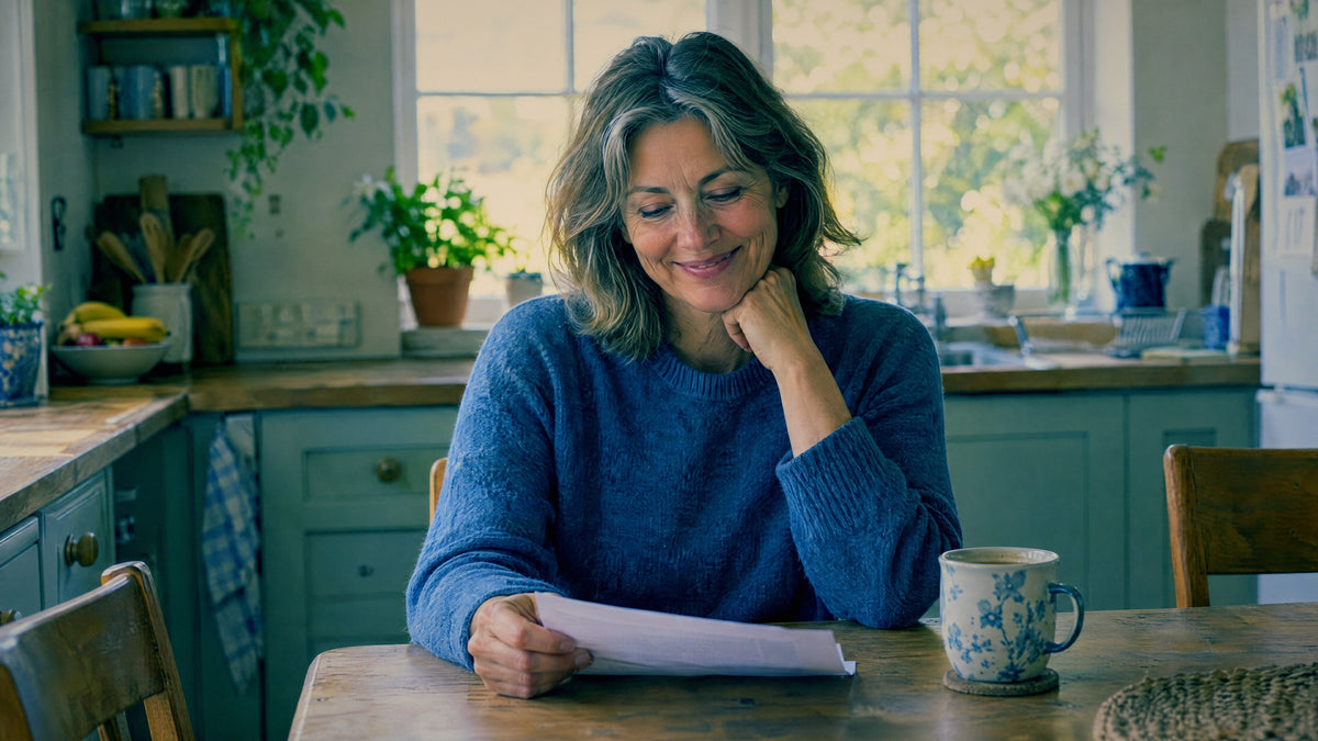 A woman at her kitchen table on a bright morning, relieved after checking her bill.