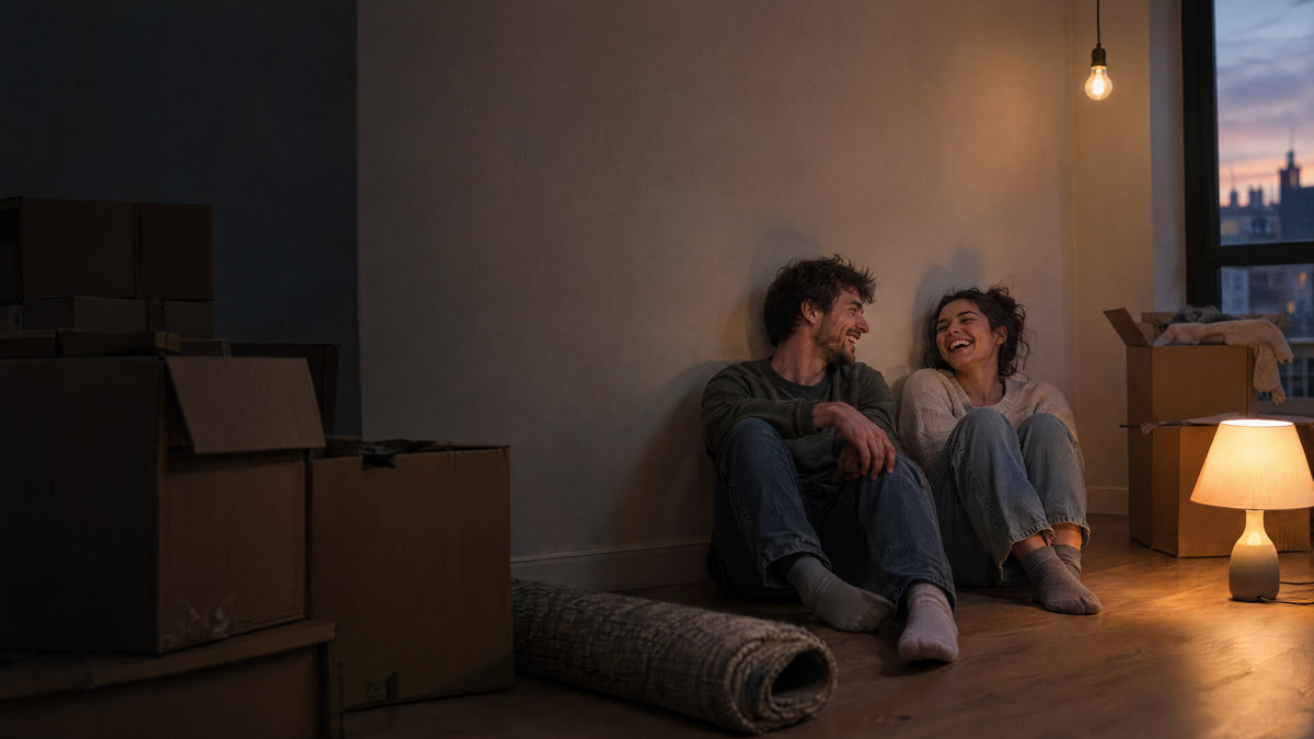 A young man sits on the floor of his first apartment among moving boxes and a rolled rug, smiling.