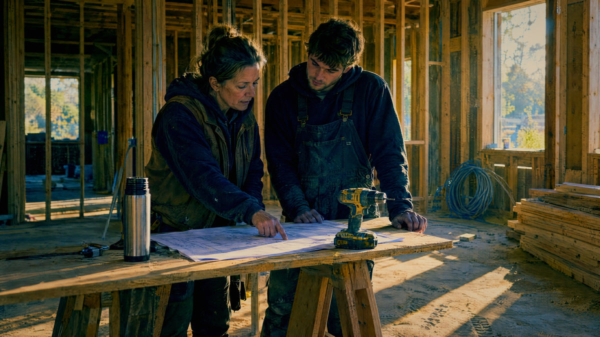 A site foreman and an electrician read drawings on a trestle table inside a house at the framing stage.