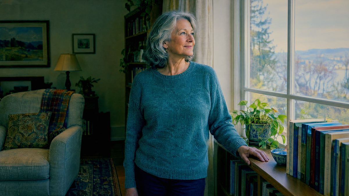 A woman tidies a shelf by a tall living room window in the afternoon, pausing to look outside.
