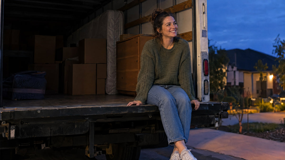 A woman sits on the tailgate of a moving truck with boxes stacked behind her, taking a break.