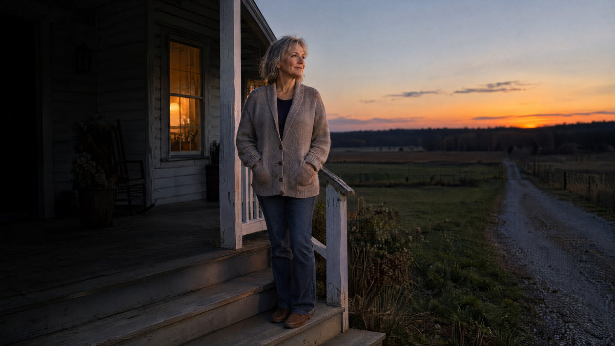 A woman stands on her farmhouse porch steps at dusk, fields stretching to the horizon behind her.