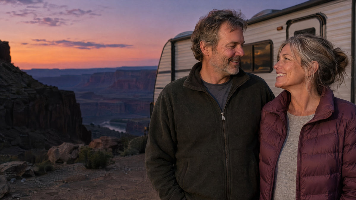 A man outside his travel trailer at a canyon overlook at sunset, looking out across the valley.