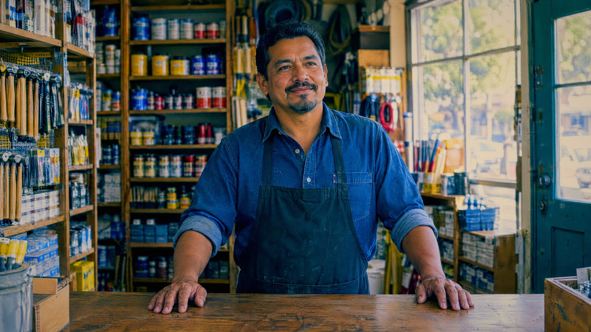 The owner of a small hardware store stands behind his counter in the morning before opening.
