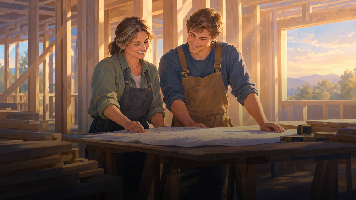 Illustration of two builders reading drawings inside a house at the framing stage.