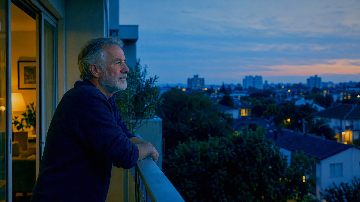 A man in his sixties leans on his balcony rail at dusk, looking out over the rooftops of his neighbourhood.