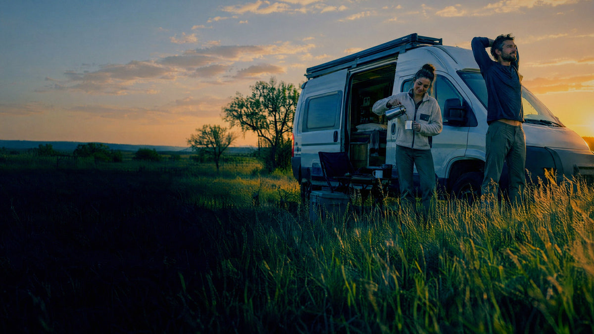 A couple stretch and pour coffee outside a camper van parked on open ranch land at golden hour