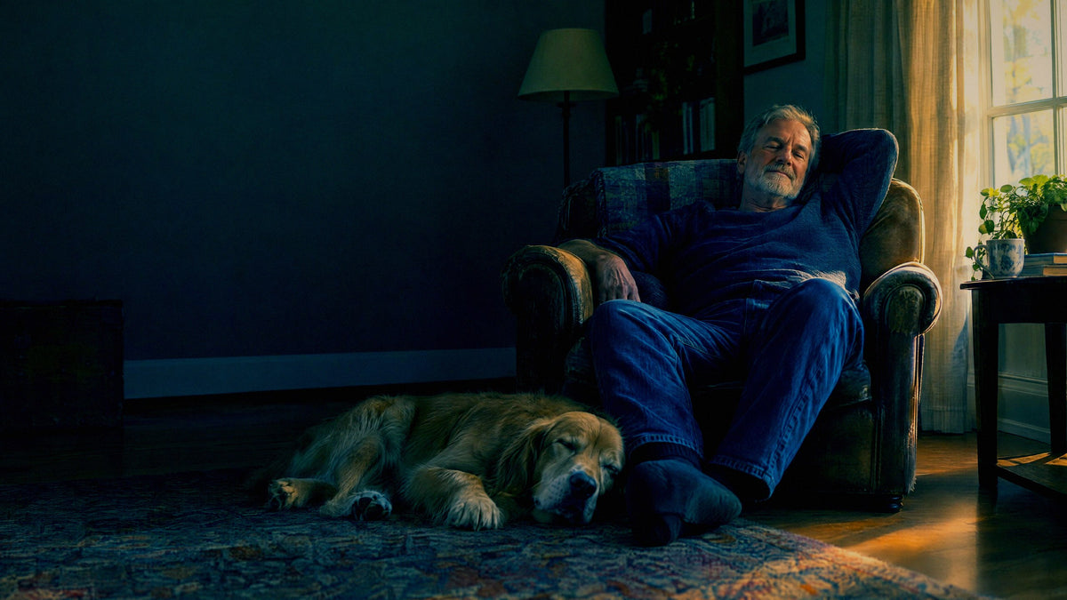 A man rests in a worn armchair in the late afternoon with a dog asleep across his feet