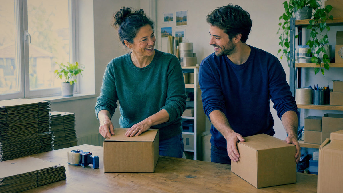 Two colleagues pack shipping boxes by hand at a work table in a small back room.