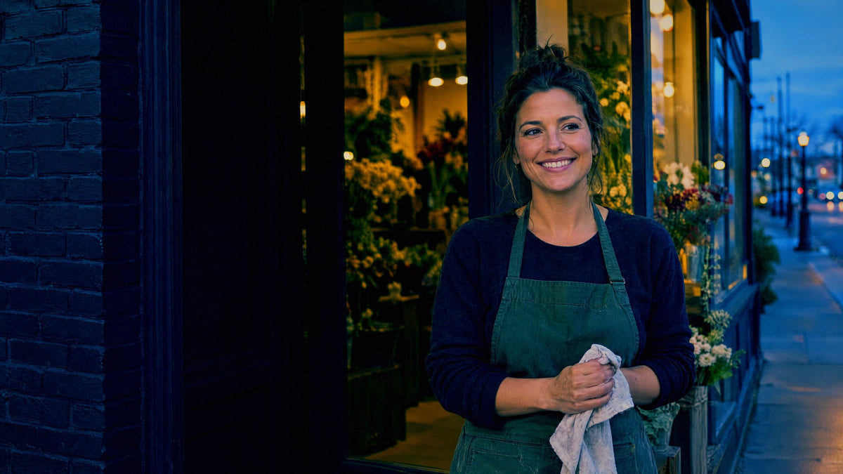 A florist stands in the doorway of her own shop at dusk, wiping her hands, smiling off camera
