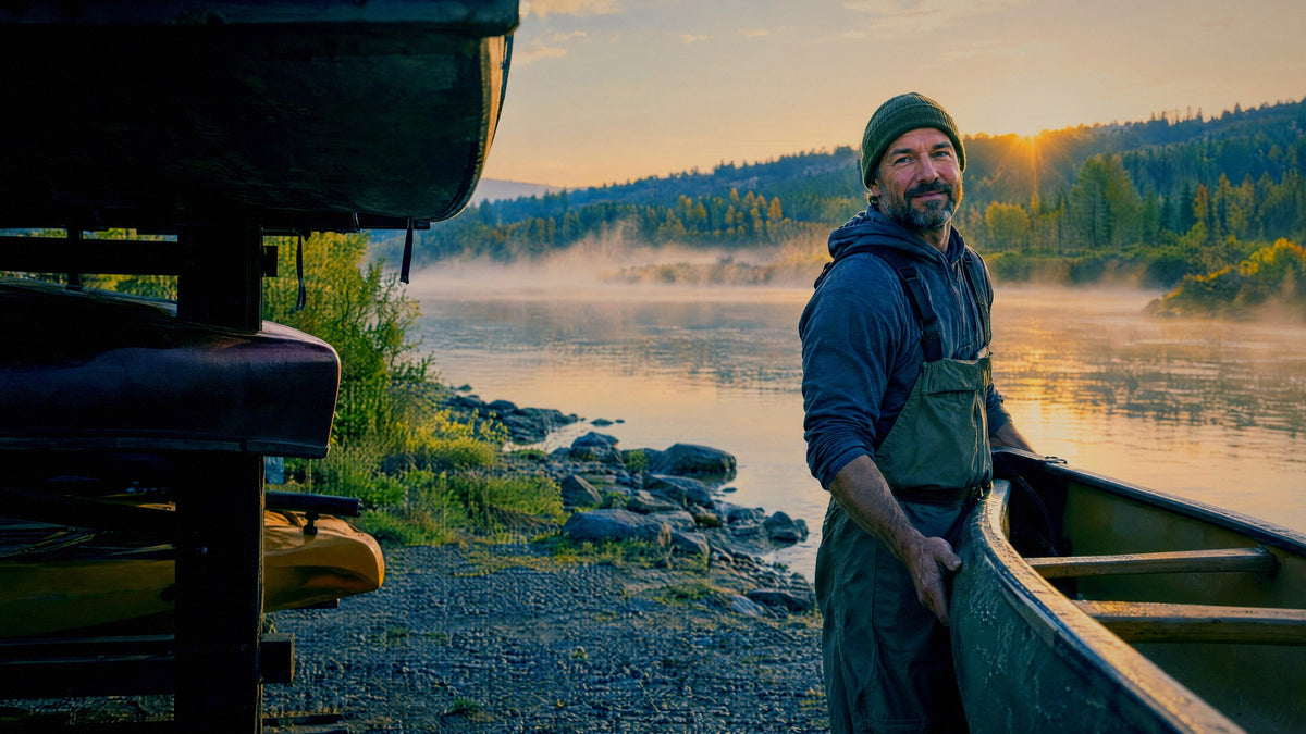 An outfitter stands beside the racks at the river's edge at sunrise, hand on a hull he has lifted down