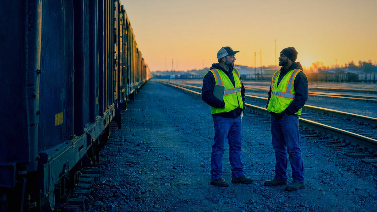 Two workers talk beside freight cars in a quiet rail yard as low sun rakes down the rails
