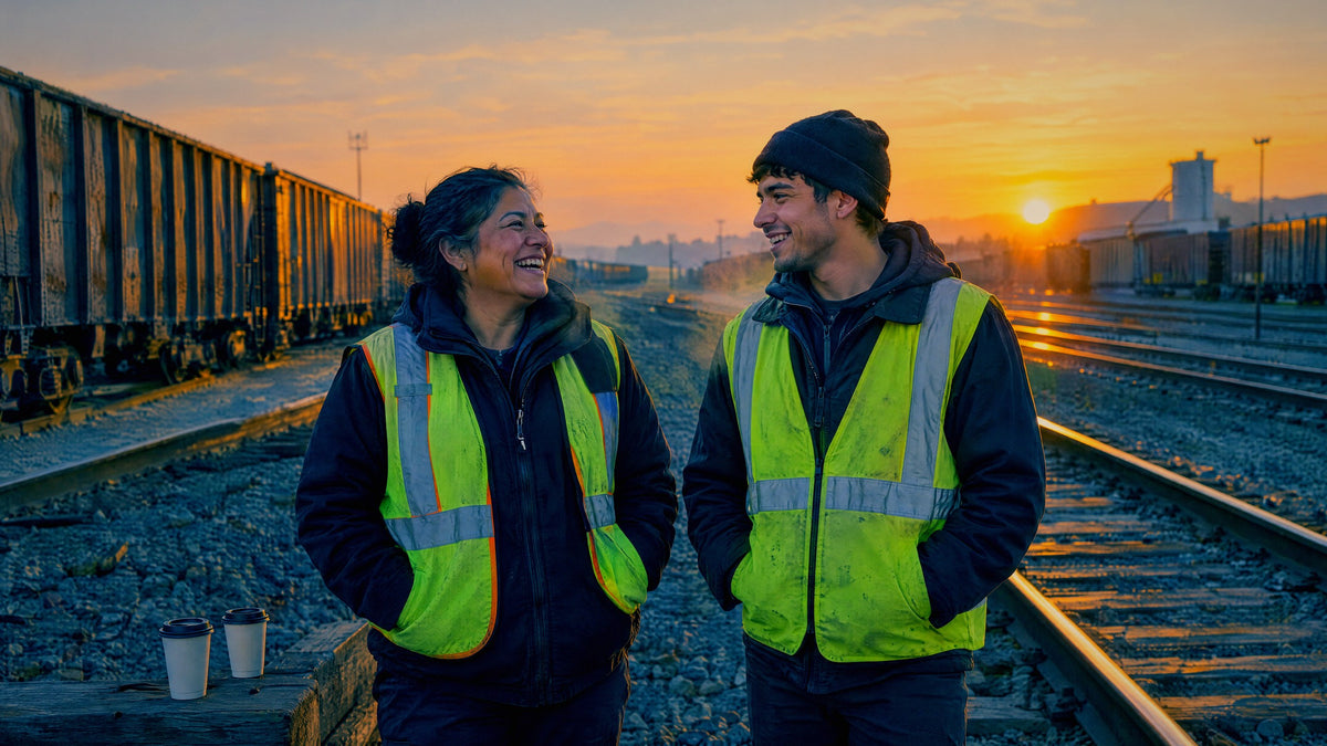 Two rail yard workers in high visibility vests share a laugh beside the freight cars at sunrise.