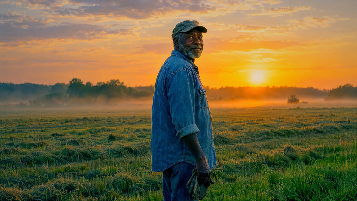 A farmer stands at the edge of a cut hay field in the golden hour, gloves in hand.