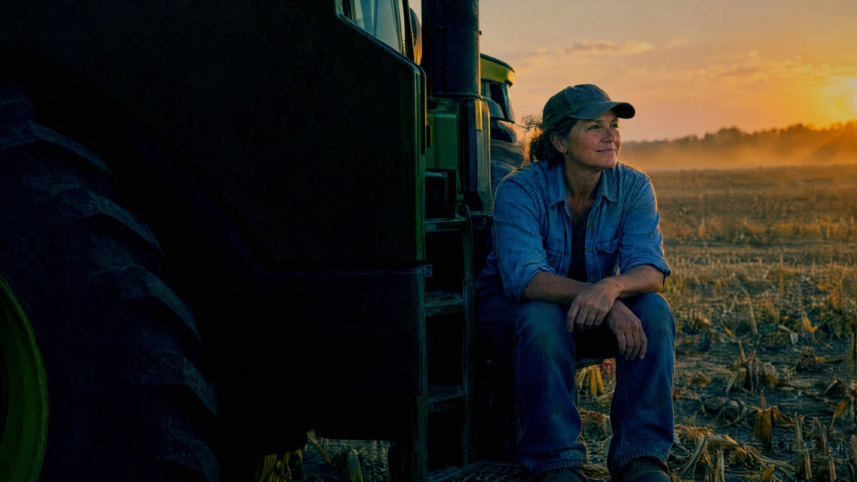A farmer rests on the step of her tractor at the edge of a harvested field in the last gold light