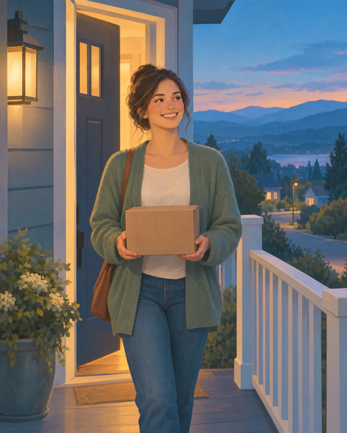 Illustration of a woman stepping onto her porch at dusk holding a small parcel.