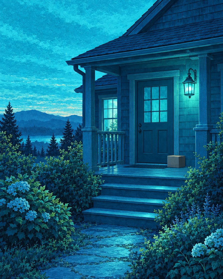 Illustration of a front porch at twilight with a small parcel resting by the door.